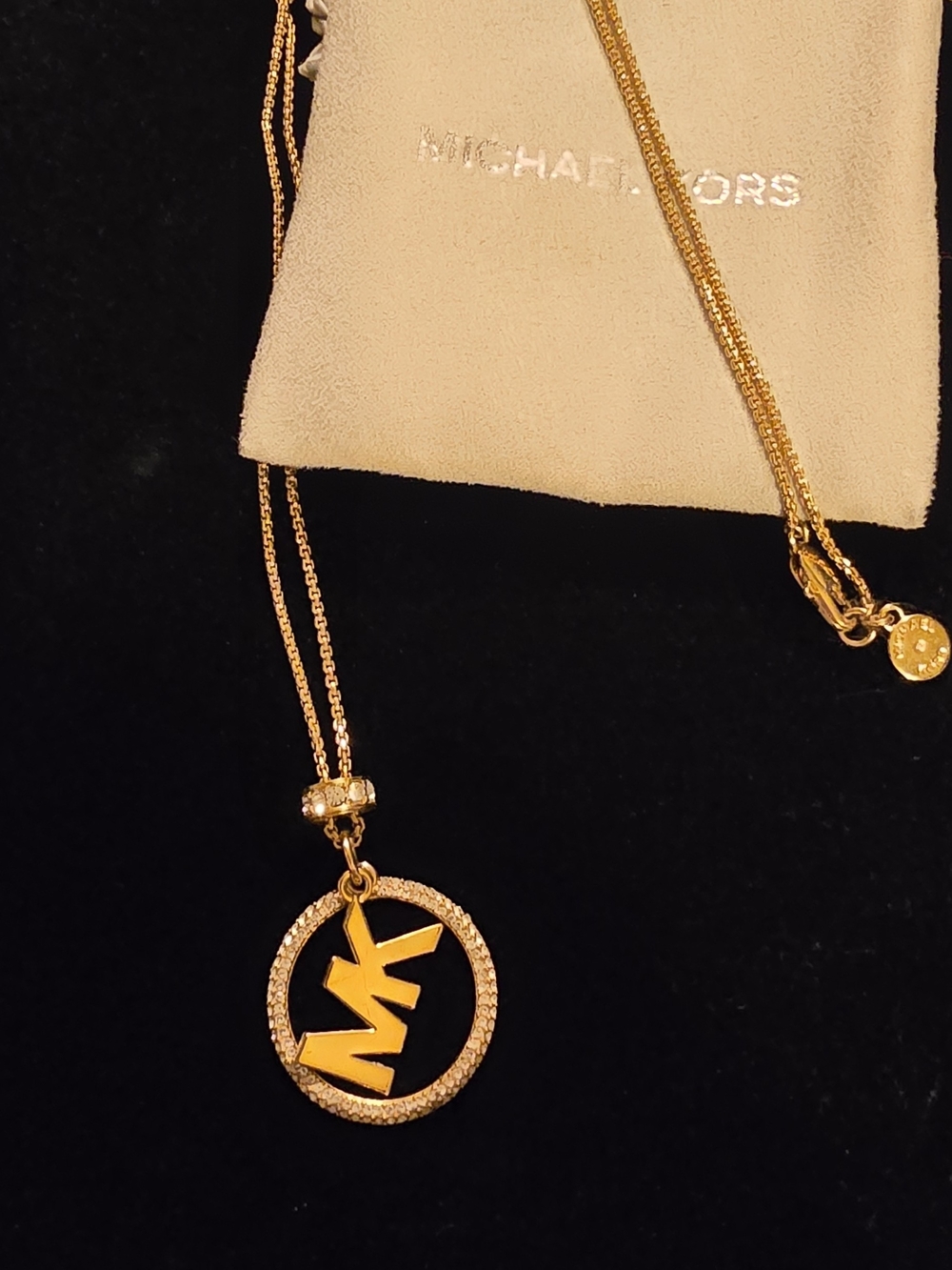Michael Kors Gold MK Logo Pendant Necklace with Crystal Halo